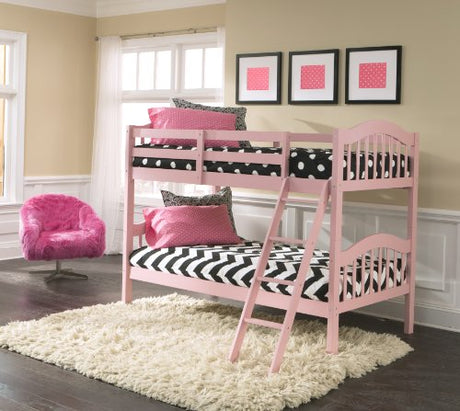 Storkcraft Long Horn Solid Hardwood Twin Bunk Bed, Pink Twin Bunk Beds for Kids with Ladder and Safety Rail