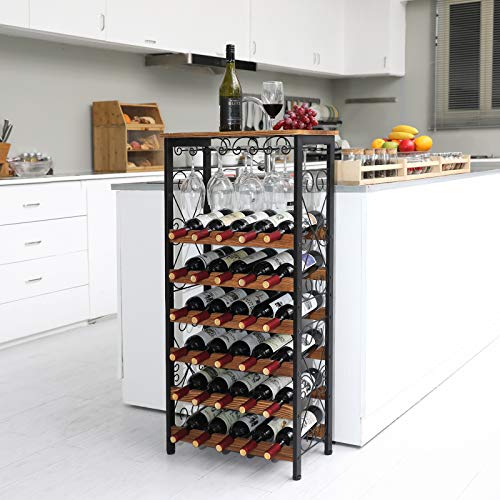 Rustic 30 Bottles Floor Wine Rack Shelf with Wine Glass Holder Rack