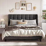 Platform Bed Frame with Wingback, Fabric Upholstered Square Stitched Headboard