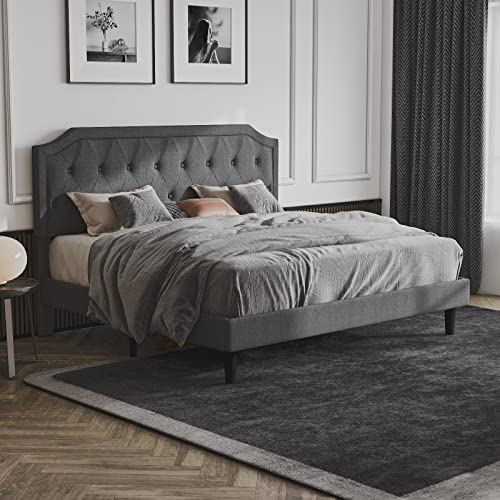 Upholstered King Size Bed Frame, Platform Bed with Curved Rhombic Button Tufted Headboard