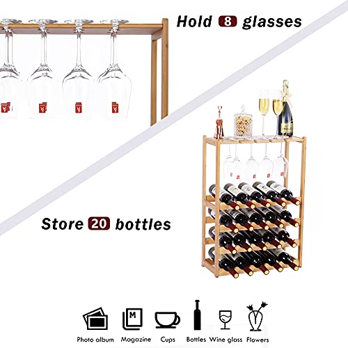 Wine Rack Bamboo 5-Tier with Glass Holder 20 Bottles Wine Storage Shelf for Home Kitchen
