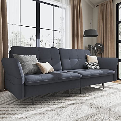 HONBAY Convertible Folding Futon Sleeper Sofa Bed for Small Space Tufted Sleeper Couch Bed with Adjustable Armrest, Bluish Grey