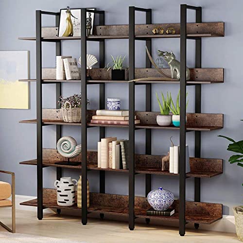 Rustic Triple Wide 5-Tiers Open Bookcase