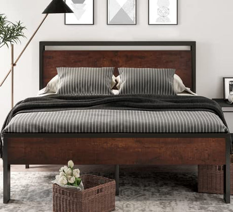 14 Inch Queen Size Metal Platform Bed Frame with Wooden Headboard and Footboard