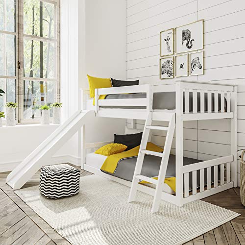 Low Bunk Bed, Twin-Over-Twin Bed Frame For Kids With Slide, White