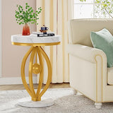 Gold Round End Table, Faux Marble Sofa Side Table, Modern Nightstand with Unique Iron