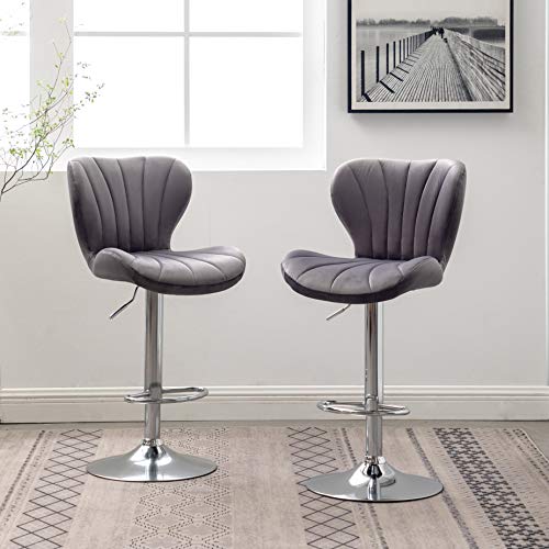 Ellston Velvet Adjustable Swivel Barstools in Gray, Set of 2