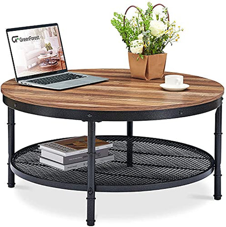 Coffee Table Round Small Industrial 2-Tier Coffee Table with Storage