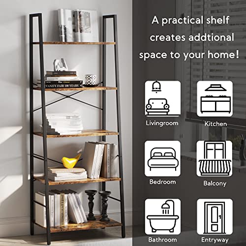 Bookshelf, Ladder Shelf 5-Tier Bookcase for Bedroom, Industrial Book Shelves Storage Rack