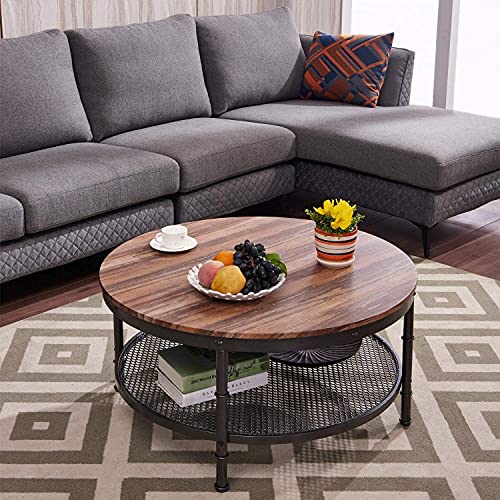 Coffee Table Round Small Industrial 2-Tier Coffee Table with Storage