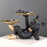 Cool Resin Dog Statue Black 2 Metal Trays with Cute Glasses French Bulldog Figurine Sculptures