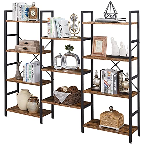 Triple 4 Tier Bookshelf, Bookcase with 11 Open Display Shelves