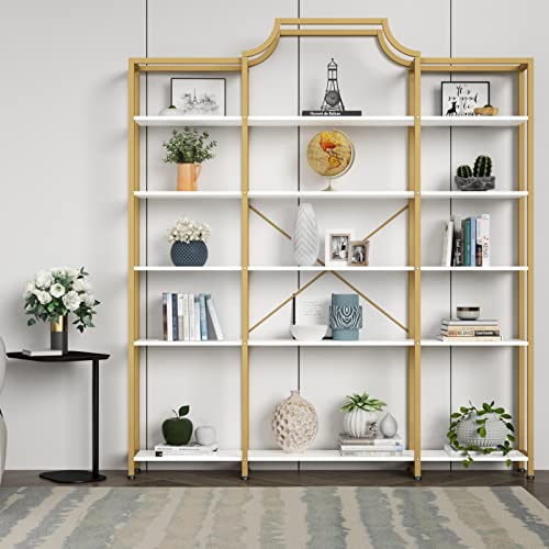 Triple Wide 5-Tier Bookshelf, 70.87" L x 79.13" H Extra Large Gold Bookcase,