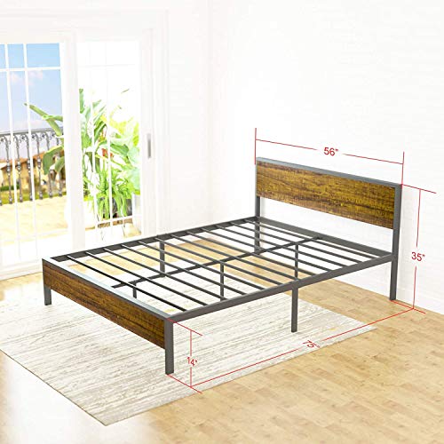 Metal Platform Bed Frame Mattress Foundation with Wood Headboard Duty Steel Slat