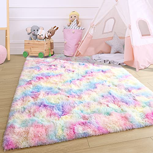 Fluffy Rainbow Rug for Girls Bedroom