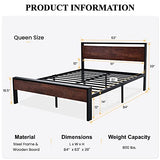 14 Inch Queen Size Metal Platform Bed Frame with Wooden Headboard and Footboard