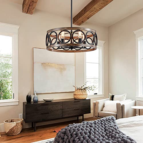 21.7'' Drum Chandelier, Rustic Pendant Lighting for Living Room