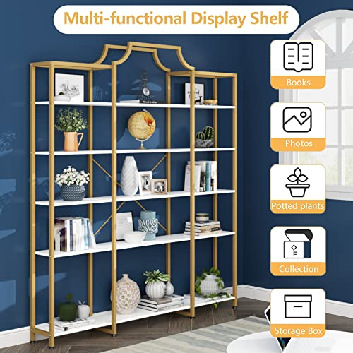 Triple Wide 5-Tier Bookshelf, 70.87" L x 79.13" H Extra Large Gold Bookcase,