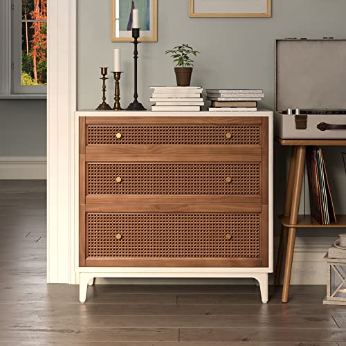 Farmhouse 3-Drawer Rattan Cane Front Accent Dresser with Brass Knobs for Living Room