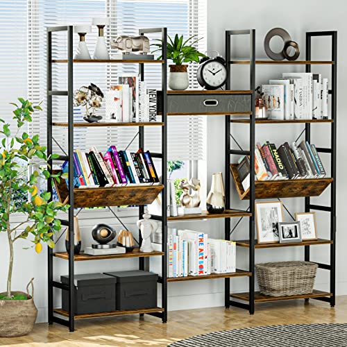 Triple Wide 5 Tier Bookshelf, Adjustable Rustic Industrial Style Book Shelves