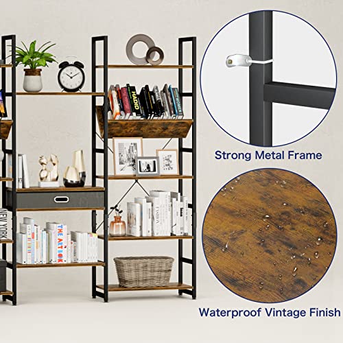 Triple Wide 5 Tier Bookshelf, Adjustable Rustic Industrial Style Book Shelves