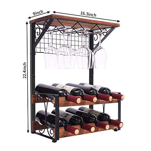 2 Tier Solid Wood Wine Rack, Hold 8 Wine Bottles and 6 Glasses Countertop Wine Storage Stand