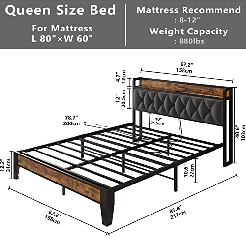 Queen Bed Frame, Storage Headboard with Outlets