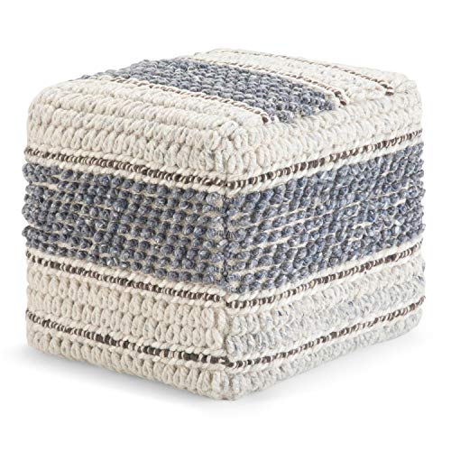 Grady Square Pouf, Footstool, Upholstered in Blue, Natural Handloom Woven Wool