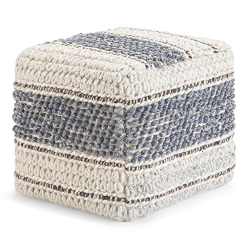 Grady Square Pouf, Footstool, Upholstered in Blue, Natural Handloom Woven Wool and Cotton