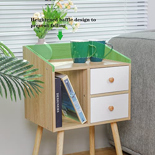 Bedside Table with Storage Drawers Mid Century Modern Nightstand with Vertical Open Storage Compartment and Solid Wood Legs