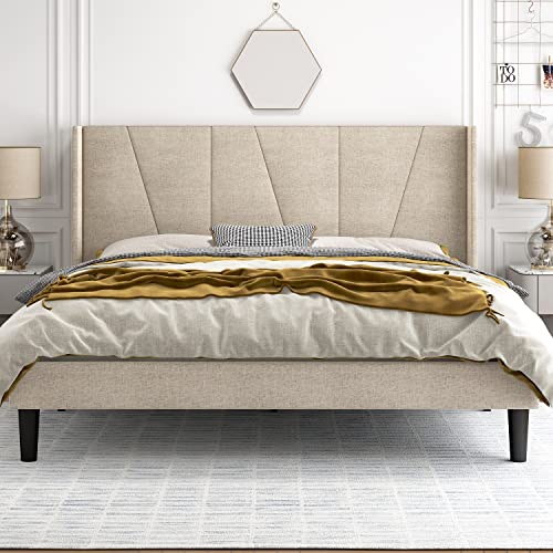 King Size Platform Bed Frame with Geometric Wingback Headboard