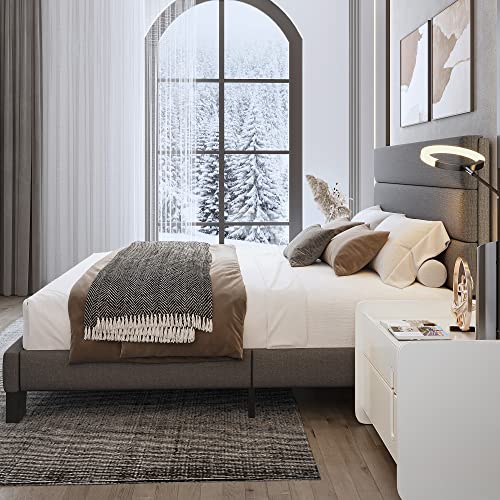 Queen Bed Frame Platform Bed with Linen Fabric Headboard and Wooden Slats Support