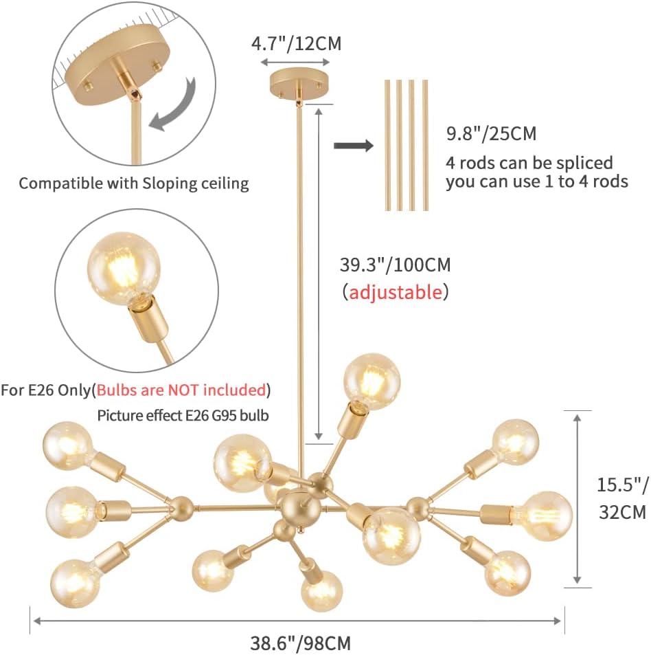 Modern Gold Sputnik Chandelier,12 Lights Metal Ceiling