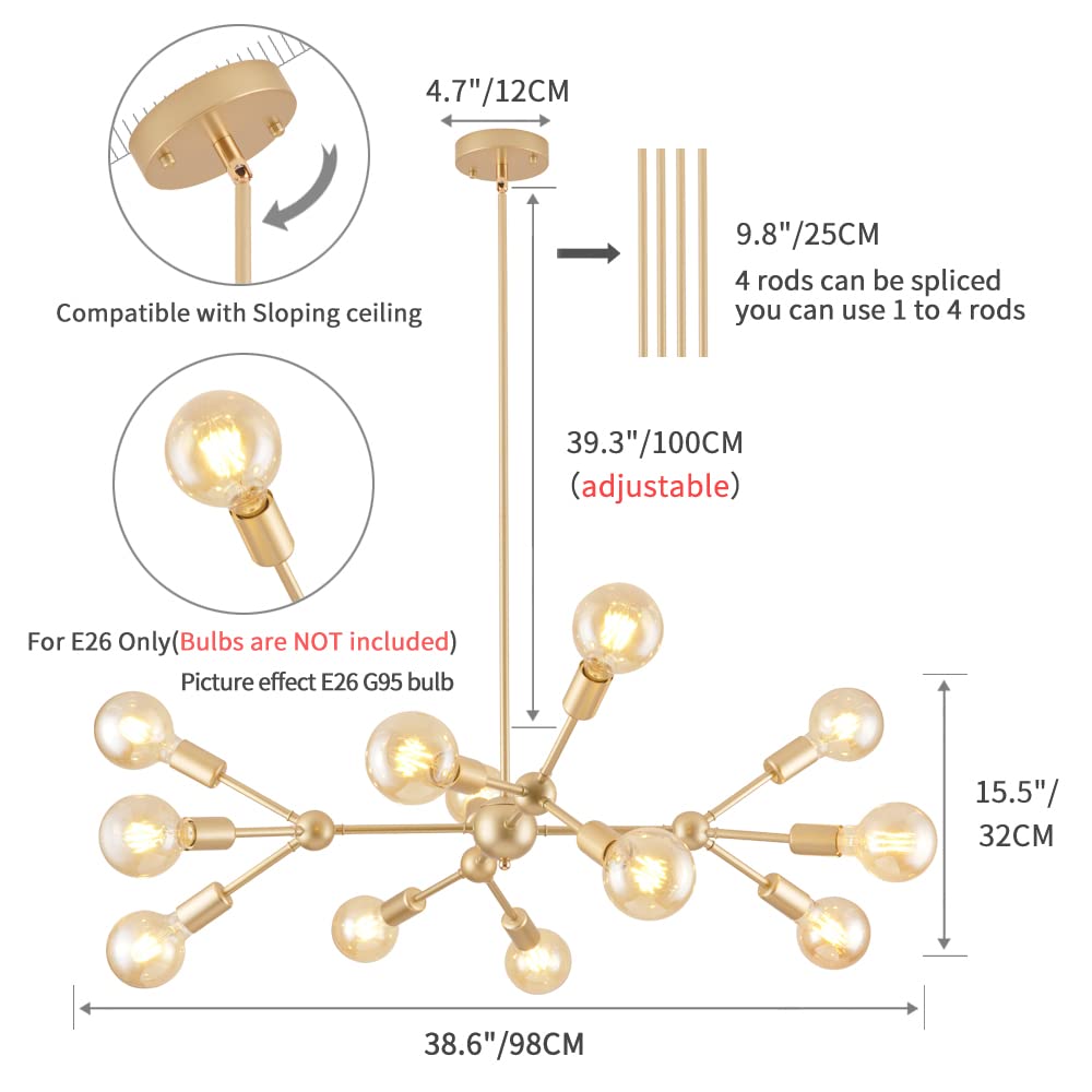 Modern Gold Sputnik Chandelier,12 Lights Metal Ceiling