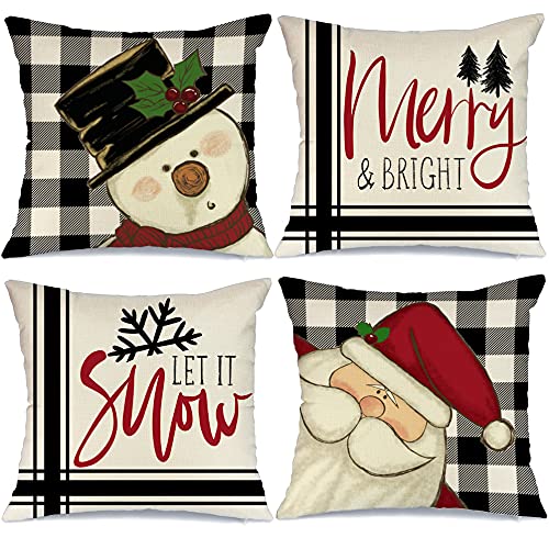 Christmas Decorative Pillow Covers 18 x 18 Inch Set of 4, Buffalo Plaid Santa Claus Snowman