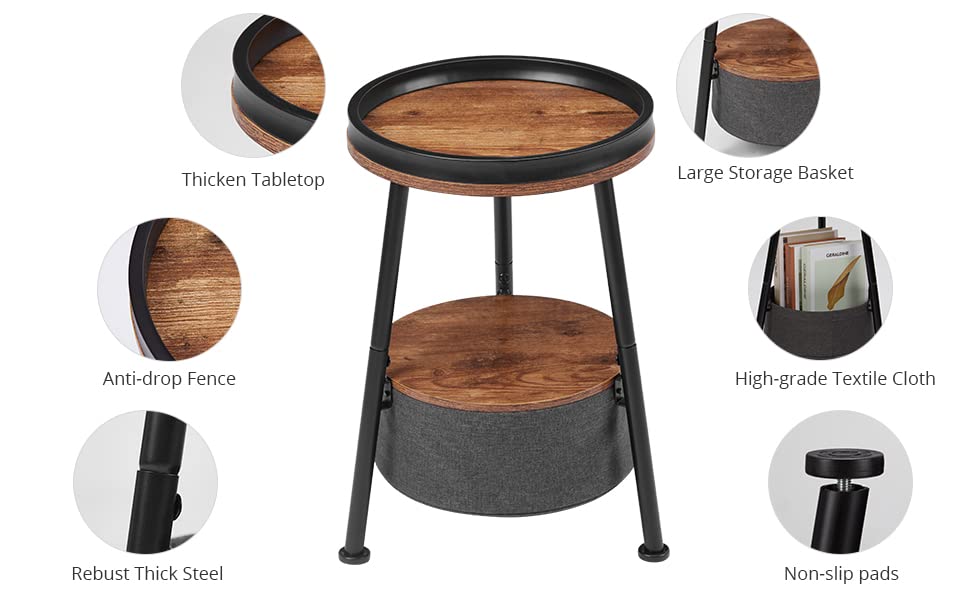 3 Legs Round End Table, 2 Tier Round Side Table with Storage Basket