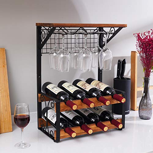 Hold 8 Wine Bottles and 6 Glasses Countertop Wine Storage Stand