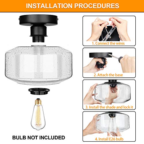 Industrial Semi-Flush Mount Ceiling Light, Seeded Glass Pendant Lamp Shade