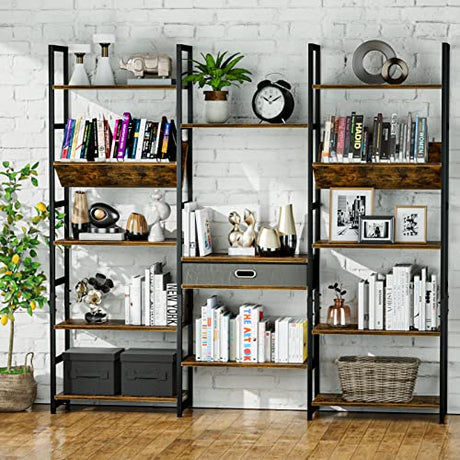 Triple Wide 5 Tier Bookshelf, Adjustable Rustic Industrial Style Book Shelves