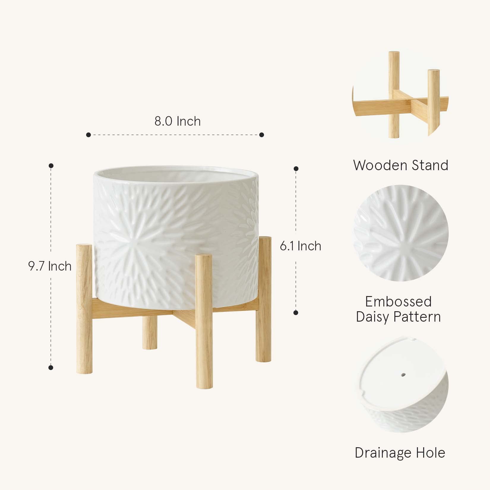 8-Inch Ceramic Planter with Wooden Stand