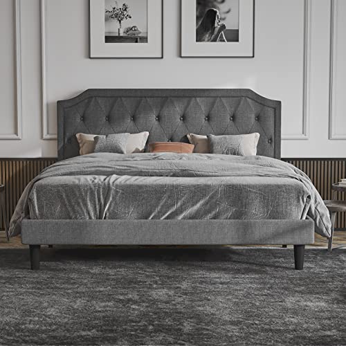 Upholstered King Size Bed Frame, Platform Bed with Curved Rhombic Button Tufted Headboard