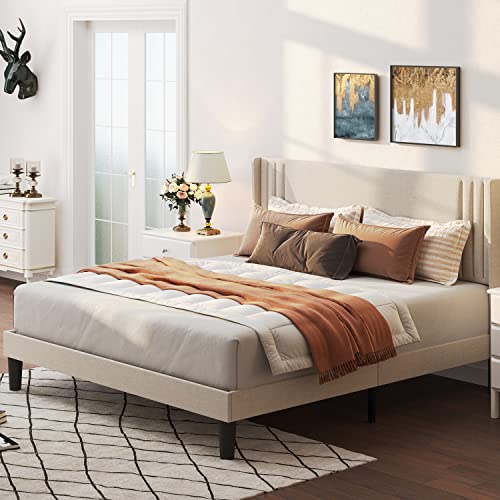 Queen Bed Frame with Wingback Headboard, Upholstered Platform Bed