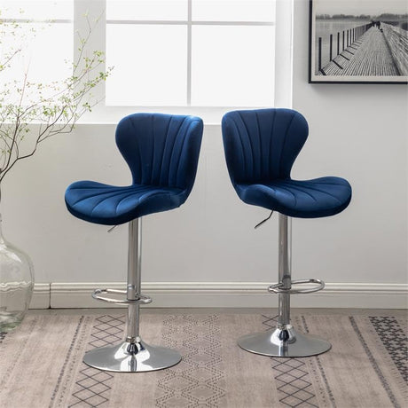 Ellston Velvet Adjustable Swivel Barstools in Blue, Set of 2