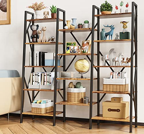 Modern Triple Wide 5 Tiers Bookshelf with Storage, Industrial Bookcase with 14 Open Display Shelves