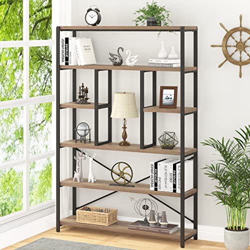 Tall Industrial Etagere Bookcase, Modern Wood Large Open 6 Tier Bookshelf