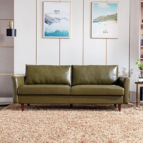 80'' Faux Leather Sofa Couch, Mid-Century Modern Sofa with Solid Wooden Frame & Padded Cushions, 3-Seater Couch