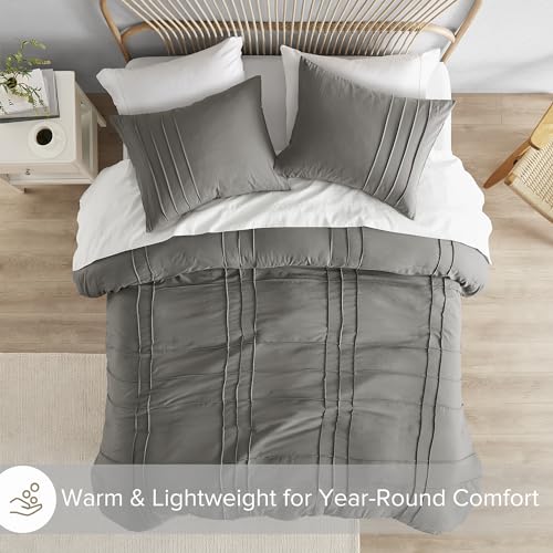 Grey Queen Comforter Set - 3 Pieces Pintuck Pleated Farmhouse Bedding