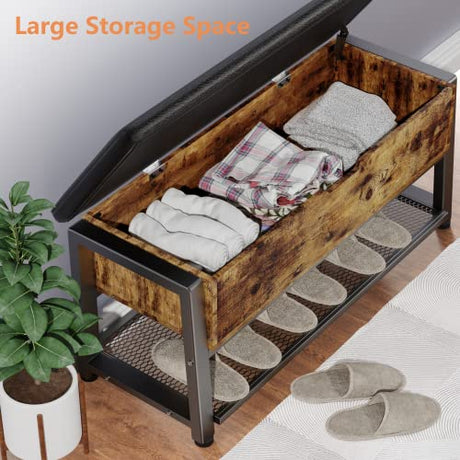 Shoe Storage Bench, Entryway Bench with Large Lift Top Storage Box and Leather Padded