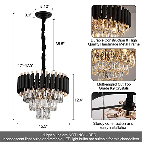 Modern Crystal Chandeliers 3 Tiers Black and Gold