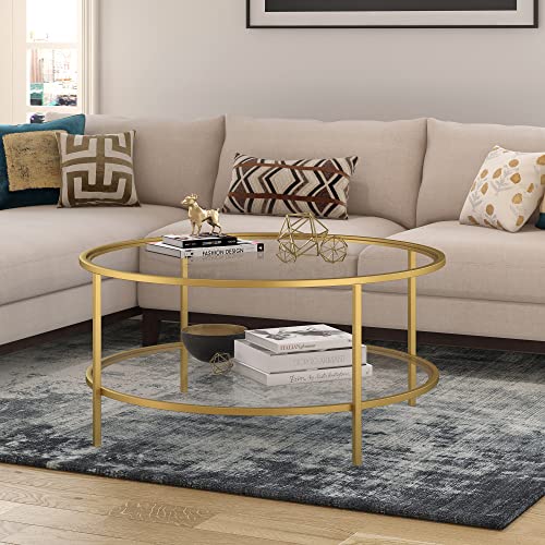 Sivil 36'' Wide Round Coffee Table with Glass Top in Brass